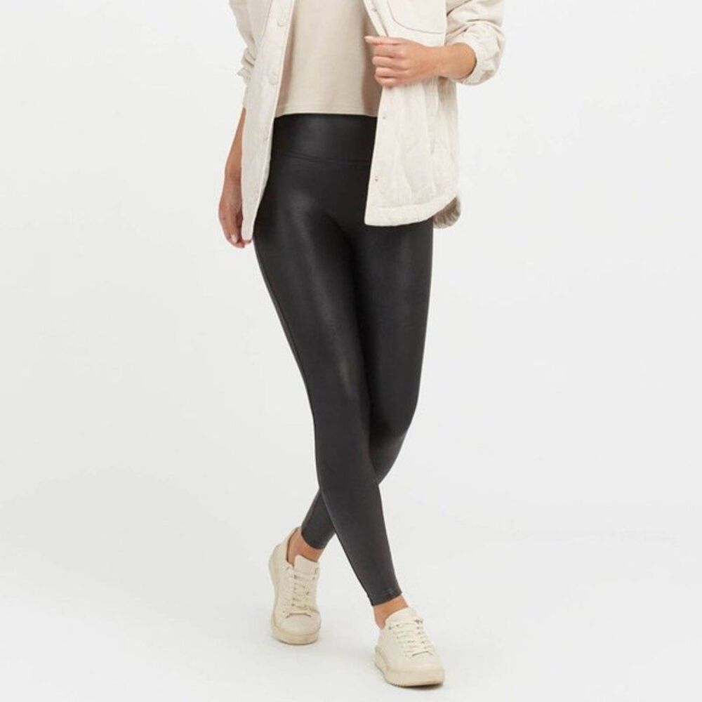 Spanx Faux Leather Leggings Black High Rise Shaping Tummy Control Slimming M